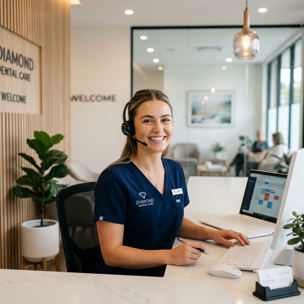 Happy dental receptionist answering calls with headset